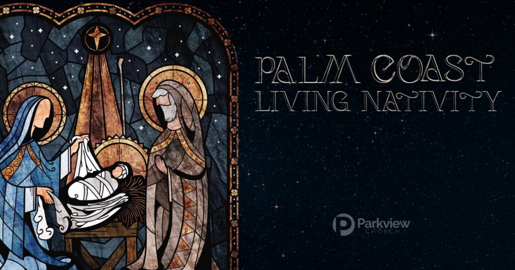 Stained glass style illustration of Mary, Joseph, and baby Jesus in a manger under a starry sky, with text reading “Palm Coast Living Nativity” and a small Parkview Church logo