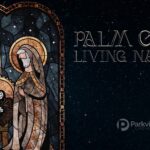 Stained glass style illustration of Mary, Joseph, and baby Jesus in a manger under a starry sky, with text reading “Palm Coast Living Nativity” and a small Parkview Church logo