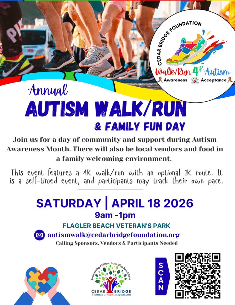 Flyer for the Cedar Bridge Foundation Autism Walk/Run & Family Fun Day on April , , at Flagler Beach Veteran’s Park Bright colors, kids running, event details, and contact info are shown, promoting autism awareness
