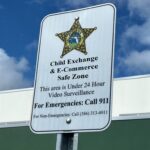 A sign with a sheriff's badge reads: "Child Exchange & E Commerce Safe Zone This area is under hour video surveillance For Emergencies: Call For Non Emergencies: Call ()