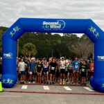 A group of runners stands at the starting line beneath a large blue race arch labeled "Second Wind Race Timing," preparing to begin a race on a cloudy day with trees in the background