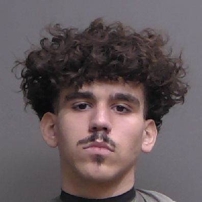 A young man with curly brown hair, a short mustache, and a small chin beard looks straight at the camera with a neutral expression against a plain background