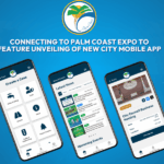 Three smartphones display the new Palm Coast city mobile app interface, showcasing features like creating cases, latest news, and event listings Above them, the app logo and expo announcement are shown on a blue background