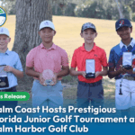 Four junior golfers stand outdoors, smiling and holding trophies and medals A “News Release” label highlights the event: “Palm Coast Hosts Prestigious Florida Junior Golf Tournament at Palm Harbor Golf Club ”