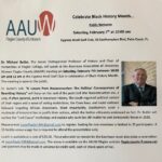 A flyer announces a Black History Month event by AAUW Flagler County featuring Dr Michael Butler, to be held February at Cypress Knoll Golf Club, Palm Coast, FL RSVP and lunch details are included for this special AAUW gathering