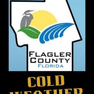 Flagler County, Florida logo with a bird, sun, leaves, and waves, above black text that reads “COLD WEATHER ”