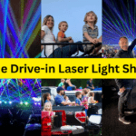 A collage shows colorful laser lights over cars at a drive in event, with families and children watching from truck beds A man waves at the camera Text on a yellow banner reads, "The Drive in Laser Light Show!
