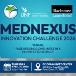 Event flyer for "MedNexus Innovation Challenge " focused on "Addressing Loneliness in a Connected World," held April , , PM at PC Community Center, Palm Coast, FL Features UNF, Blackstone, and Palm Coast logos
