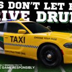 A yellow and white sheriff’s car labeled "TAXI" is parked on a football field Large text above reads, "FANS DON'T LET FANS DRIVE DRUNK " Logos and a safety reminder appear on the image