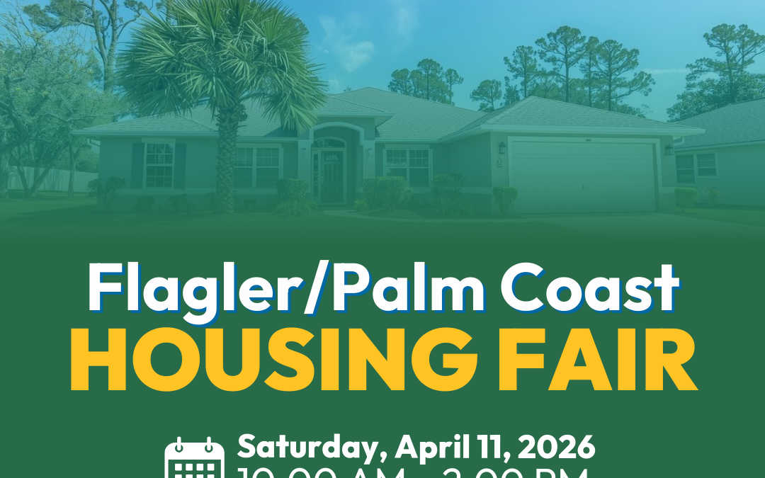 Flyer for the Flagler/Palm Coast Housing Fair on April , , from AM to PM at Palm Coast Community Center, Palm Coast Pkwy NE The background shows a house under a blue sky
