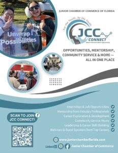 A flyer for JCC Connect features diverse young adults, lists opportunities like internships and mentorship, and provides a QR code and contact info for the Junior Chamber of Commerce of Florida