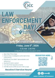 Flyer for Law Enforcement Day at Flagler County Sheriff’s Office on June , , : AM–: PM Includes event details, QR code for registration, and a badge background Hosted by Junior Chamber of Commerce
