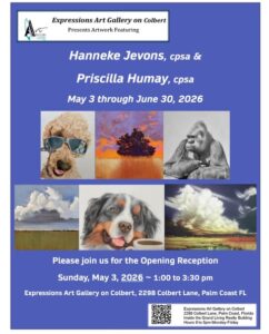 Art show flyer with animal paintings, including a dog in sunglasses, a sunset scene, a close up bear, a gorilla, and a Bernese mountain dog Exhibit by Hanneke Jevons and Priscilla Humay, May –June , , in Palm Coast, FL