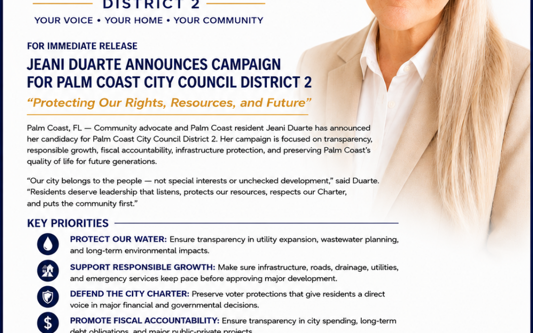 Familiar Face at City Hall Enters the Race: Jeani Duarte Formally Announces Bid for Palm Coast City Council District 2