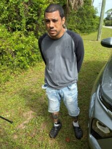 A man with short hair, wearing a gray long sleeve shirt, distressed denim shorts, and black sandals, stands on grass next to a car with his hands behind his back Trees and bushes are in the background