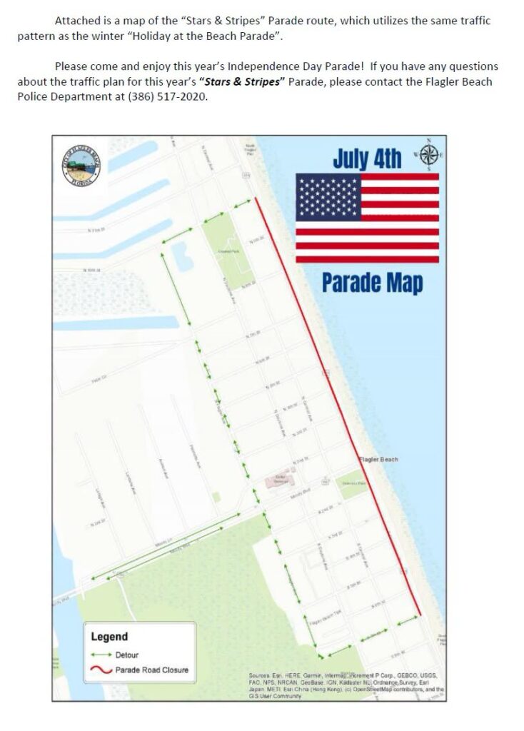 Map of the July th Independence Day Parade route in Flagler Beach, Florida, with a marked parade course in green along North and South Oceanshore Blvd and a red detour route The U S flag is shown at the top right
