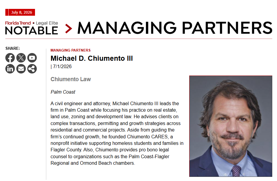 Screenshot of a feature on Michael D Chiumento III, Managing Partner at Chiumento Law, with his photo, firm details, and a summary of his experience and community involvement