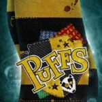 A yellow and black striped scarf with a patchwork design features the title "PUFFS" and a badger face Text below reads, "Seven increasingly eventful years at a certain school of magic and magic