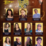 Poster for "Puffs" at City Repertory Theatre features headshots of the cast and creative team in a grid, with show dates July & Title logo and show details appear at the top against a gold background