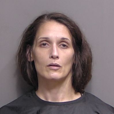 A mugshot of a woman with shoulder length brown hair looking toward the camera